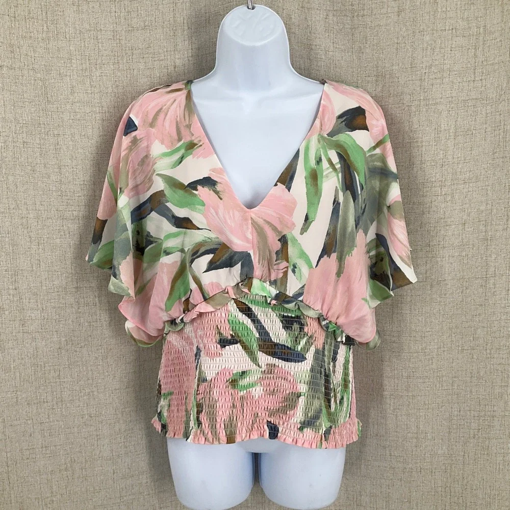 WHBM Blouse Womens‎ 12 Pink Floral Smocked Dolman Boho Airy Romantic Feminine